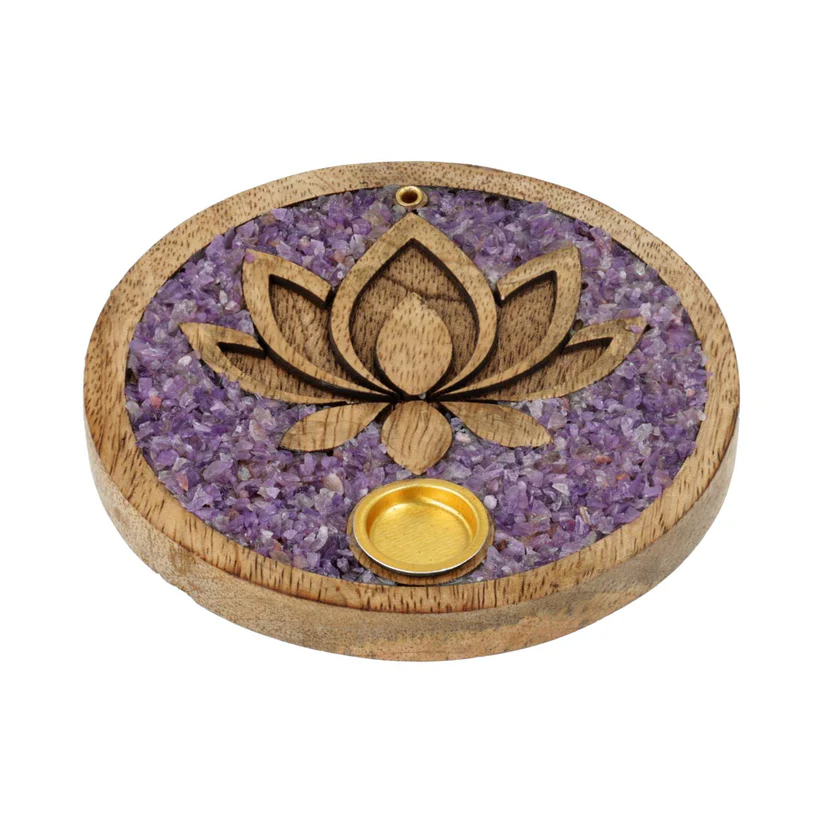 Wierookkegelhouder Lotus Amethist mangohout